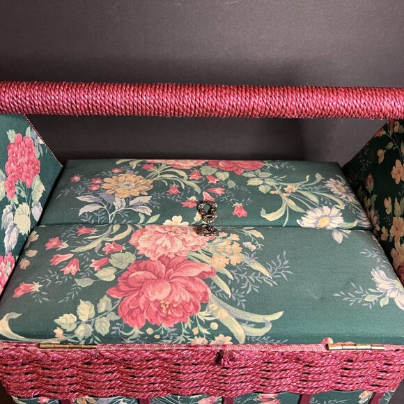 Vintage Burgundy & Green Floral Print Double Door Hinge Sewing Box w/ Handle - Picture 3 of 9
